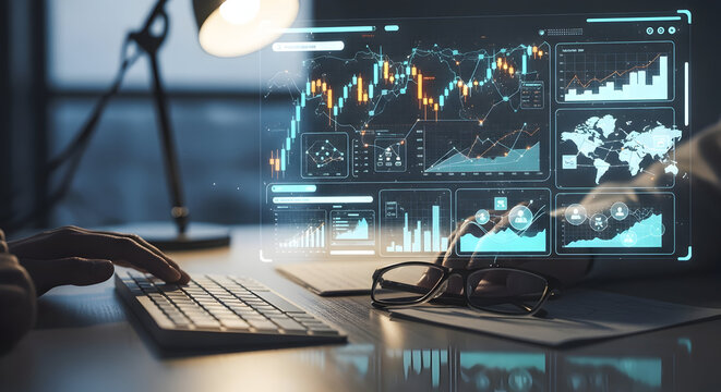 Analyzing financial data on a modern display screen in a professional office setting