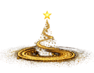 A shimmering, golden, stylized tree shape created from swirling light and sparkles