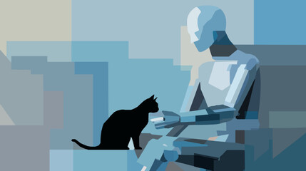 Robotic humanoid playing with cat