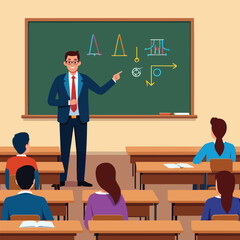 Male teacher in a suit giving a presentation on a chalkboard to students in a university lecture hall