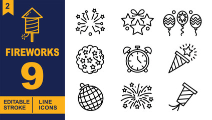 Fireworks line Editable Icons set. Vector illustrations in a modern, thin line style of celebration related icons: fireworks burst, stars, balloons, dan more.