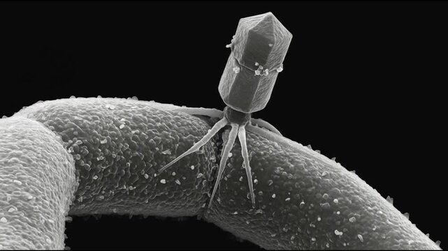 T4 Bacteriophage Virus Attaching to E. Coli Bacterial Cell Surface in Scanning Electron Micrograph