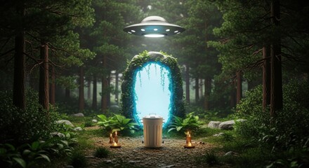Mysterious otherworldly portal shimmering with electric blue light opens within an ancient forest canopy with a hovering alien spacecraft observing the phenomenon from above illuminating the scene
