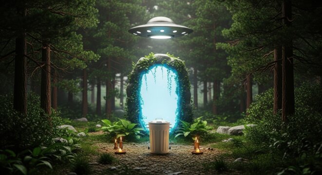 Mysterious otherworldly portal shimmering with electric blue light opens within an ancient forest canopy with a hovering alien spacecraft observing the phenomenon from above illuminating the scene