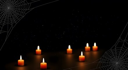 Spooky Halloween Candles on Dark Background with Spider Webs