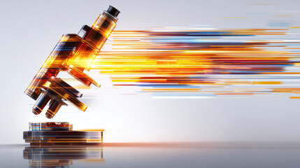 Microscope & Insights, A minimalist 3D icon of a modern microscope with light rays emanating from the eyepiece, forming abstract data patterns. Research and analysis concept. 