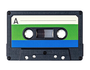 Fototapeta premium Vintage audio cassette tape with blue, green, and white label