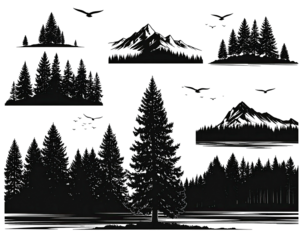 Silhouetted evergreen trees and mountain peaks under a starry sky