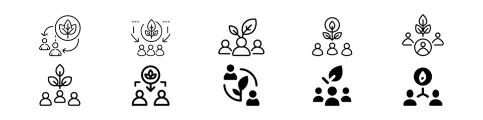 Collection of eco team and sustainability group icons, green community, environmental teamwork, nature people symbol outline and filled styles, Sustainable Collaboration, Green Business