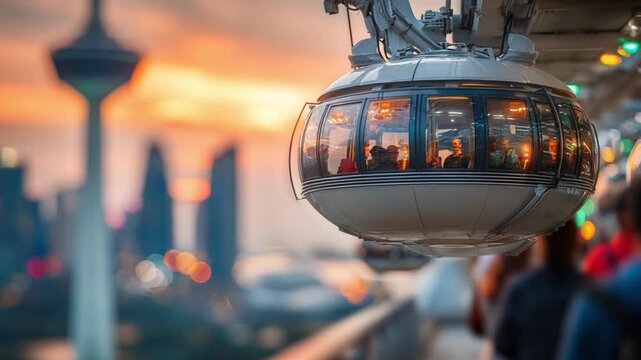 Elevated Views at Dusk: Capturing the beauty of urban life from a passenger cabin suspended in mid-air, bathed in the warm, diffused glow of sunset.