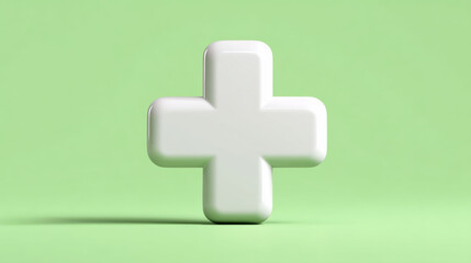 Obraz premium Medical Plus Sign, A minimalist 3D icon of a clean, white medical plus sign. Isolated on a seamless, solid light green background. Health and wellness symbol. 