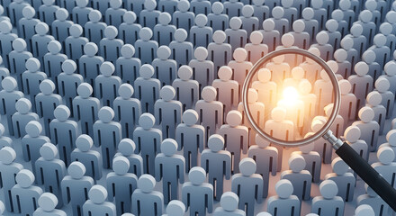 Fototapeta premium Magnifying glass highlighting a unique individual within a crowd of people
