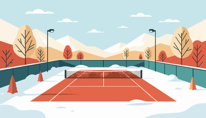 An empty tennis court in a winter snow scene. Flat design vector illustration of an outdoor sports landscape. Off-season recreation concept with mountains in the background