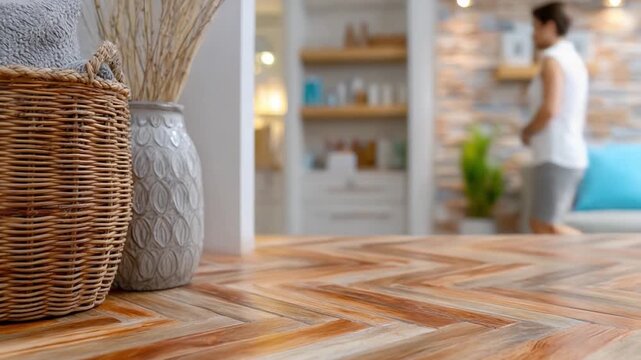 Serene Interior Scene: A beautifully decorated interior, with a focus on a woven basket and vase set on a wooden herringbone pattern floor.