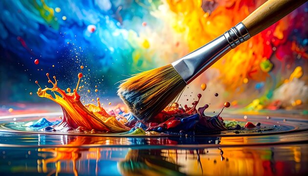 A paint brush stirs vibrant colors, splashing into a watery surface, creating an abstract artistic explosion