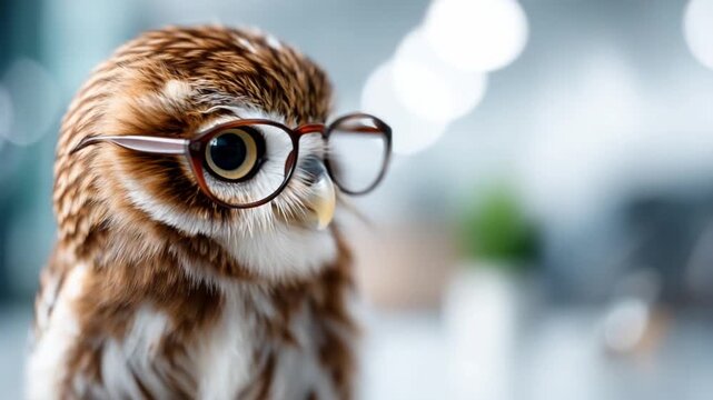 Wise Owl with Glasses: A distinguished owl, adorned with spectacles, embodies intelligence and insight, conveying a sense of knowledge and wisdom.