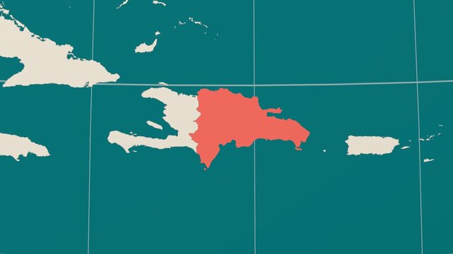 Dominican Republic map. Animated zoom into the country on the Globe in Teal Pale Mint color palette. Country logo animation. Map with meridians, parallels. Neat video.