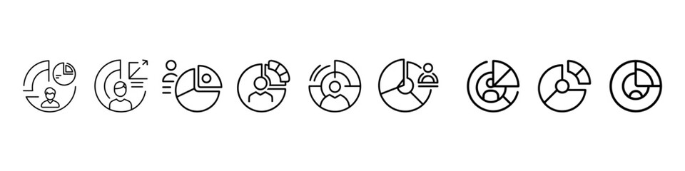 Set of pie chart, analytics, data visualization icons, business report, statistics, and infographic symbols, outline and filled vector styles