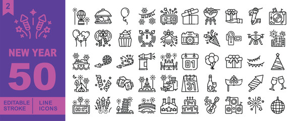 New Year line Editable Icons set. Vector illustrations in a modern, thin line style of new year related icons: fireworks, hot air balloon, dish, balloon, garland, clock, gift, grill, sock, and more.