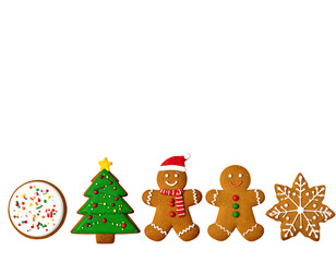 Festive holiday cookies arranged in a cheerful line on a black background