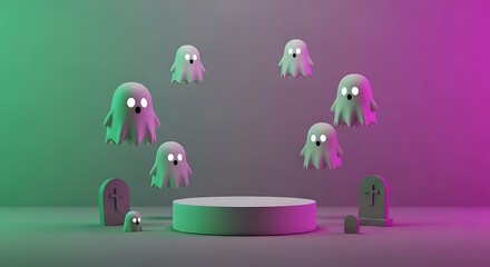 Whimsical Halloween Scene with Floating Ghosts and Pedestal Display