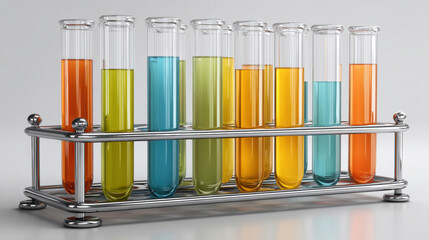 Test Tubes in Rack, A minimalist 3D icon of a test tube rack with several tubes filled with colorful liquids. Isolated on a seamless, solid light gray background.