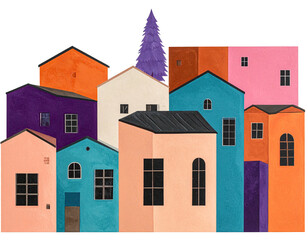 A whimsical village of colorful, geometric houses with a tall purple tree