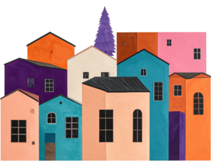 A whimsical village of colorful, geometric houses with a tall purple tree