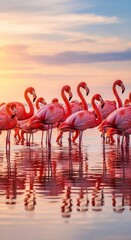 Obraz premium Flamingos at Sunset Vibrant Pink Birds in Water with Reflective Surface.