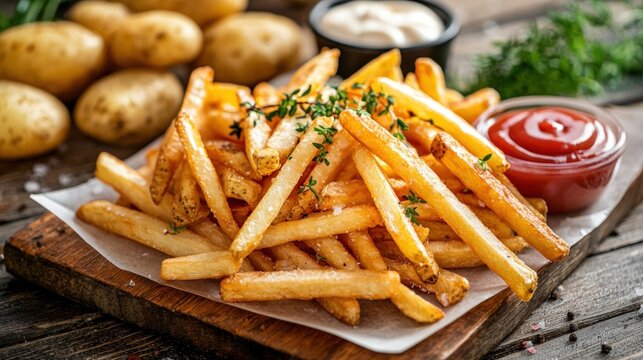 Golden French Fries with Ketchup and Dipping Sauce on Wooden Board.