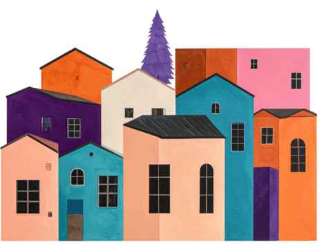 A whimsical village of colorful, geometric houses with a tall purple tree - Powered by Adobe