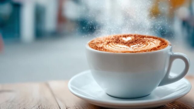 Aromas of Love: A cozy moment captured with a warm cup of artfully crafted latte, steam rising gently, evoking comfort and delight.