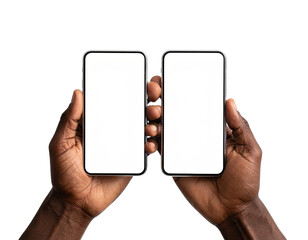 Two hands hold up blank screens of modern mobile phones