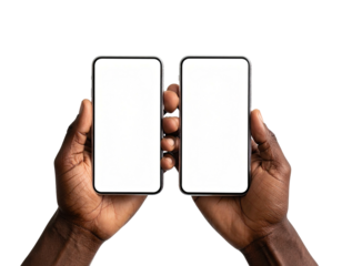 Two hands hold up blank screens of modern mobile phones