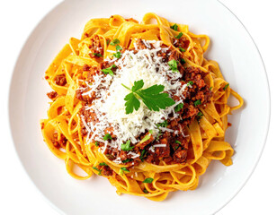 Hearty plate of tagliatelle pasta with rich meat sauce, topped with cheese