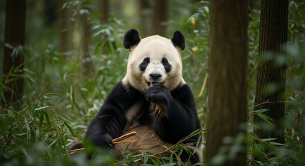 Obraz premium Giant Panda Eating Bamboo in a Lush Forest.