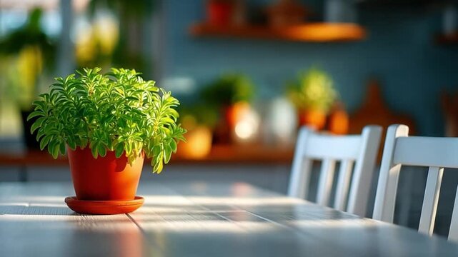 Basil in Sunlight: A vibrant basil plant, thriving in a terracotta pot, graces a sunlit table within a bright, inviting interior space. The image evokes a sense of freshness and culinary delight.