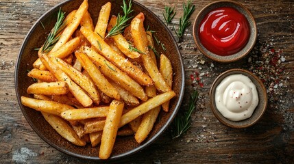 Golden Crispy French Fries with Ketchup and Mayonnaise Dips.