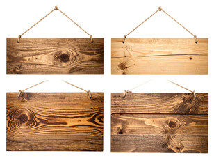Four rustic wooden signs, varied in wood grain and stain