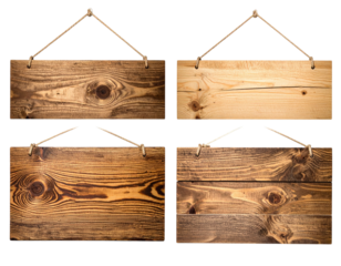 Four rustic wooden signs, varied in wood grain and stain