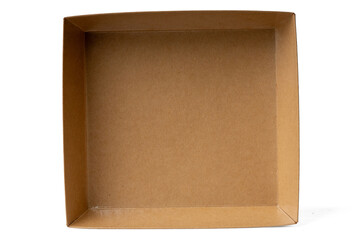 The High-resolution photograph of a paper brown food box isolate on white, taken with a high-resolution 45MP camera