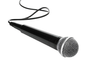 A black handheld microphone with a metallic grille and a coiled black cord
