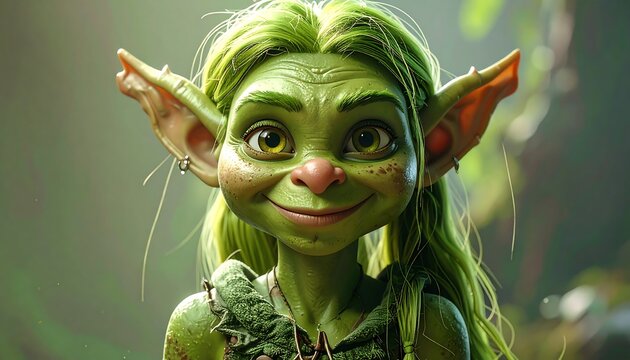 A jovial, green-skinned humanoid with pointed ears and hair, set against a soft-focus forest