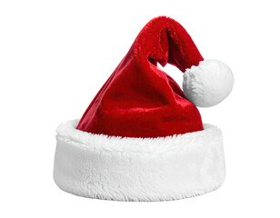 Red velvet Santa hat with white fluffy trim and pompom, isolated