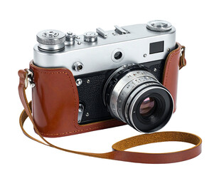 Vintage silver camera with leather case and strap