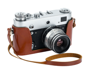 Vintage silver camera with leather case and strap