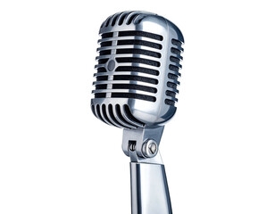 Classic retro microphone with polished metal body and black grille on stand
