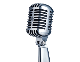 Classic retro microphone with polished metal body and black grille on stand