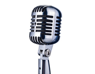 Vintage chrome microphone with classic design, detailed on black background