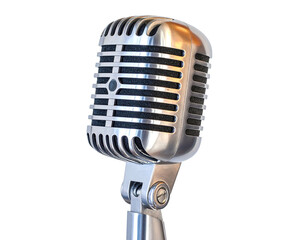 Classic retro microphone, shiny chrome, black grille, on black background